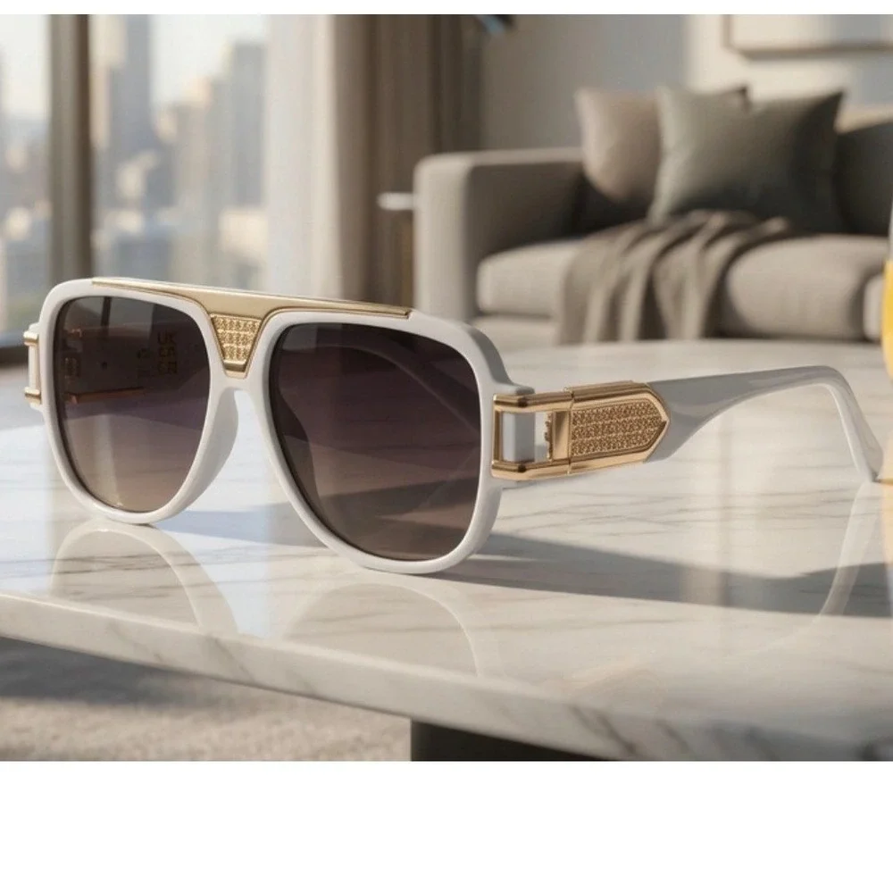 Mens White Gold Oversized Retro‎ Sunglasses Square Pilot Gradient Lenses Lentes